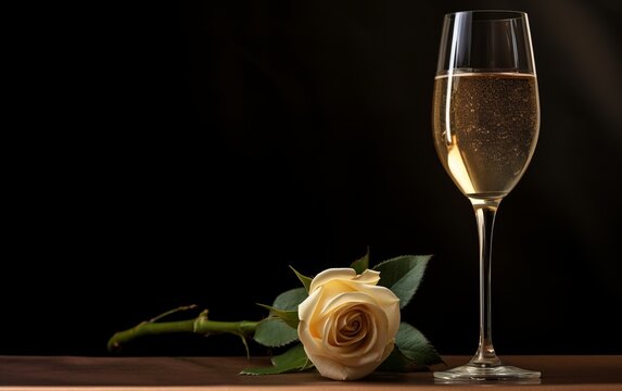 A solitary glass of champagne with a single rose, set against a simple background