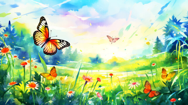 Beautiful summer landscape with flowers and butterflies. Watercolor painting.