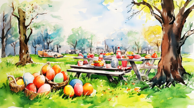 Easter eggs on a picnic in the park. Watercolor painting.