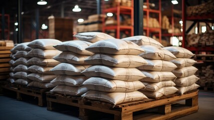 Cement sacks on a conveyor line in a manufacturing