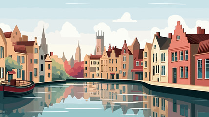Fototapeta premium copy space, simple vector illustration, typical view of the canals in Bruges, Belgium. hand drawn, view of the typical canals in the city centre of Bruges, Belgium. Famous touristic spot. Must-see tou
