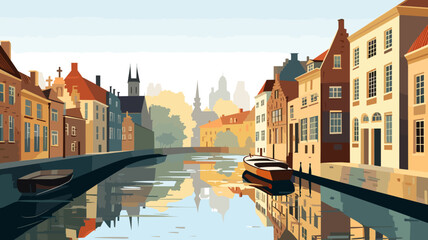 Fototapeta premium copy space, simple vector illustration, typical view of the canals in Bruges, Belgium. hand drawn, view of the typical canals in the city centre of Bruges, Belgium. Famous touristic spot. Must-see tou