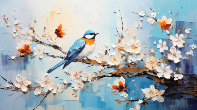 Painting of a bird on a branch of a blossoming tree.
