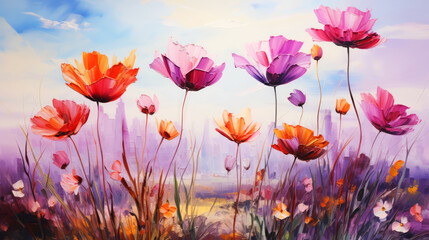 Colorful cosmos flowers blooming in the field. Digital painting.