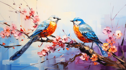 Digital painting of a pair of birds sitting on a branch with flowers.