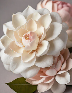 Pastel magnolia flowers. Beige, pink and white colors. Close-up photo.