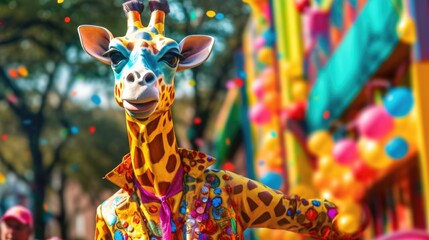Funny giraffe in a clown costume against the backdrop of a circus. The concept of holidays, carnivals and masquerade - obrazy, fototapety, plakaty
