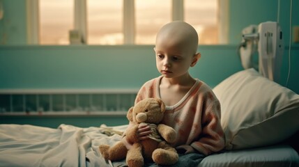 Sad lonely sick child without hair, with cancer hugs a plush toy in the hospital. Treatment of a...