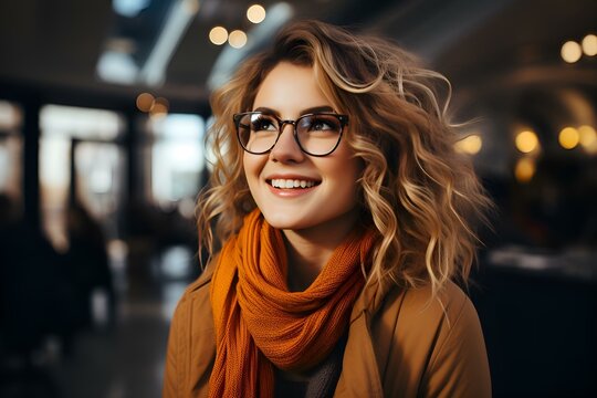 Beautiful curly girl, young woman with glasses who smiles, portrait. Warm clothes, a sweater. Smile, happiness, joy. Welcoming a new day, morning. Image for social networks. Generation Ai