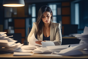 Woman sitting at desk with lot of papers.