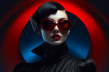Woman with red glasses and black outfit with red background.