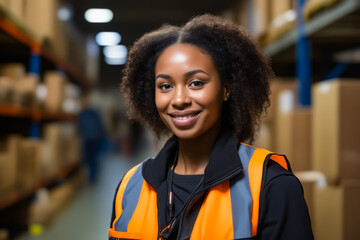 Woman in warehouse with smile on her face.