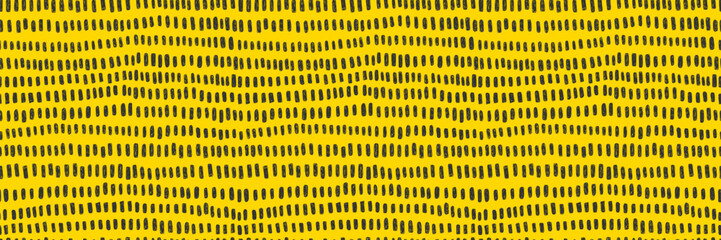 Hand drawn small dash seamless pattern. Black grunge doodle stroke on yellow background. Abstract vector wallpaper, print.  - obrazy, fototapety, plakaty