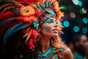 Mujer joven disfrazada para el carnaval, con vestido intrincado y espectacular, iluminación de ensueño, plumajes y vestidos  exóticos