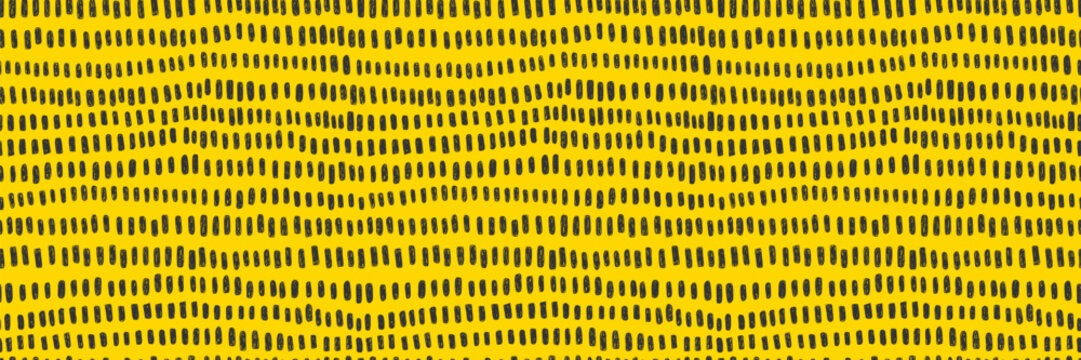 Hand drawn small dash seamless pattern. Black grunge doodle stroke on yellow background. Abstract vector wallpaper, print. 