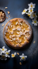 Obraz na płótnie Canvas Photographie du dessus d'une tarte aux abricots et aux amandes sur une nappe bleue, fleurs d'amandier en décoration
