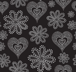 Beautiful decorative vector seamless pattern with hand drawn flowers and figured hearts