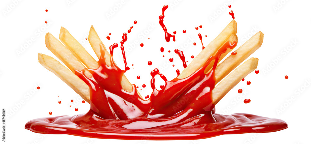 Canvas Prints delicious potato fries falling into splashing tomato ketchup, cut out