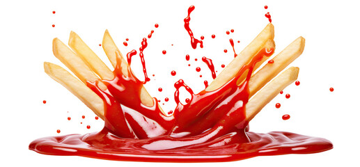 Delicious potato fries falling into splashing tomato ketchup, cut out - obrazy, fototapety, plakaty