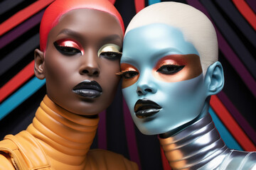 Two Beauty Models with stylized makeup in an array of bold metallic colors