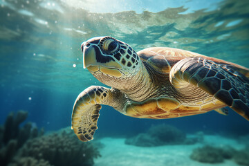 Fototapeta premium the close up of a loggerhead sea turtle swims in the turquoise aquatic sea with many fishes under the lights shining through the wave surface. Generative AI.