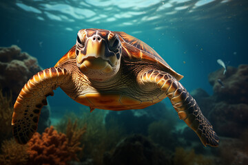 the close up of a loggerhead sea turtle swims in the turquoise aquatic sea with many fishes under...
