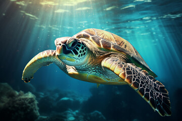 Fototapeta premium the close up of a loggerhead sea turtle swims in the turquoise aquatic sea with many fishes under the lights shining through the wave surface. Generative AI.