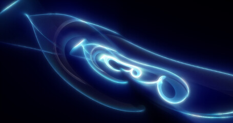 Abstract waves of blue energy magic smoke and glowing lines on a black background