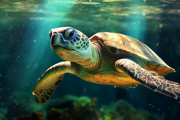 Fototapeta premium the close up of a loggerhead sea turtle swims in the turquoise aquatic sea with many fishes under the lights shining through the wave surface. Generative AI.