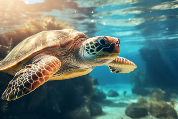 Obraz premium the close up of a loggerhead sea turtle swims in the turquoise aquatic sea with many fishes under the lights shining through the wave surface. Generative AI.