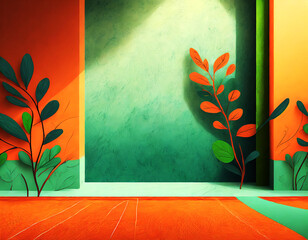 Orange Empty room with green wall and leave flower background on digital art concept, Generative AI.