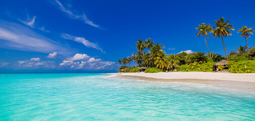 Beautiful tropical beach. Tranquil white sand palm trees turquoise sea bay, sunny blue sky clouds. Perfect summer landscape background. Best relaxing vacation, island of Maldives. Luxury destination