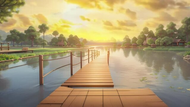 Step into a tranquil utopia where the tranquil waters reflect the warm tones of the setting sun, with a wooden bridge beckoning you towards a peaceful oasis.