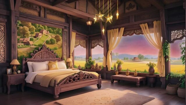 A rustic farmhouse nestled in a sea of golden rice fields, its walls adorned with hand-carved wooden panels and its roof covered in a patchwork of meticulously placed tiles.