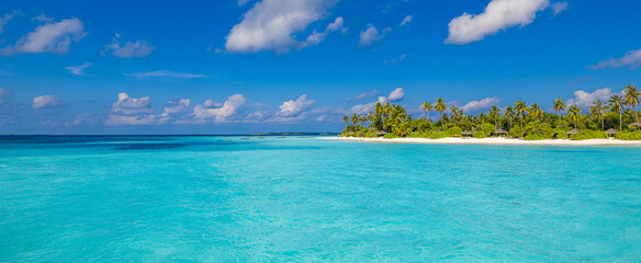 Beautiful tropical beach. Tranquil white sand palm trees turquoise sea bay, sunny blue sky clouds. Perfect summer landscape background. Best relaxing vacation, island of Maldives. Luxury destination