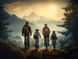 Cercles muraux Montagnes 4 four person of Family biking on mountain with helmets on autumn forest. sporty background. back rear view of family with 2 two small children cycling outdoor in summertime nature. Generative ai