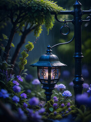 Serene evenings under the soft glow of a garden lantern, amidst the enchanting forest