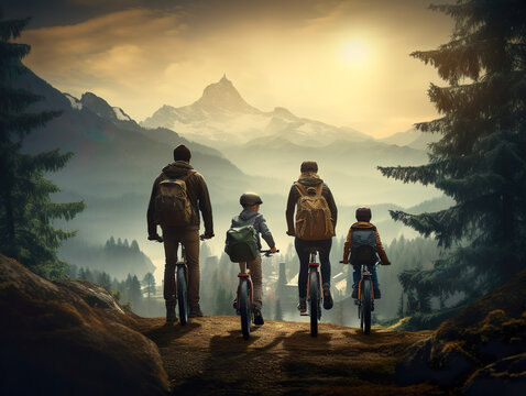 4 four person of Family biking on mountain with helmets on autumn forest. sporty background. back rear view of family with 2 two small children cycling outdoor in summertime nature. Generative ai
