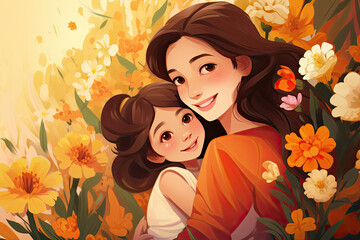 mother and child loving each other framed by floral blossom frame . celebrate card poster template. happy mother's day concept