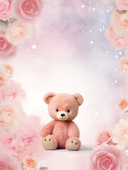 Obraz premium Watercolor Birthday Girl illustration teddy bear baby shower background balloons pattern invitation card wallpaper 