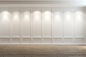 Mockup of an empty room with a white wall, wooden floor, and sunlight streaming in, providing a blank canvas for your design ideas. Generative AI.