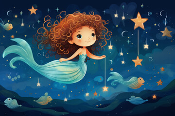 Obraz na płótnie Canvas Mermaid’s Starry Serenade - A Whimsical Ocean Lullaby