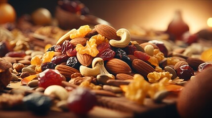 mixture of nuts and dried fruits complemented by vitamins and trace elements - obrazy, fototapety, plakaty
