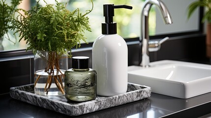 Obraz na płótnie Canvas bathroom sink with soap dispenser and a high mirror