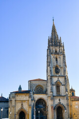 Fototapeta na wymiar Facade of the Catholic Cathedral Church in Oviedo, Spain