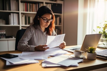 Fototapeta na wymiar scene of a person seated at their home desk, deeply engrossed in the task of doing their taxes. The desk is organized yet filled with tax forms, a calculator, a laptop displaying spreadsheets, and a c