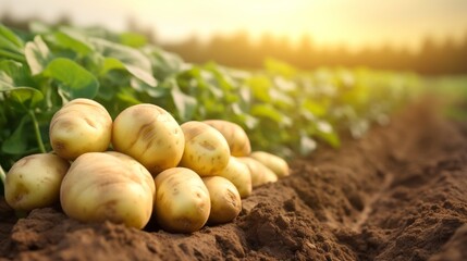 Fresh organic potatoes in the field, close up.with copy space for text