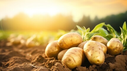 Fresh organic potatoes in the field, close up.with copy space for text - obrazy, fototapety, plakaty