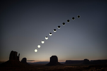 panorama of the ring eclipse, Monument Valley, Utah, Arizona, USA, 14.10.2023, composing of the different stages of the eclipse, travel usa and north america