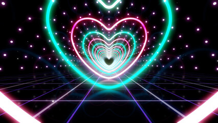Fototapeta premium Heart Neon Line love tunnel glowing fluorescent lights corridor stage CG illustration